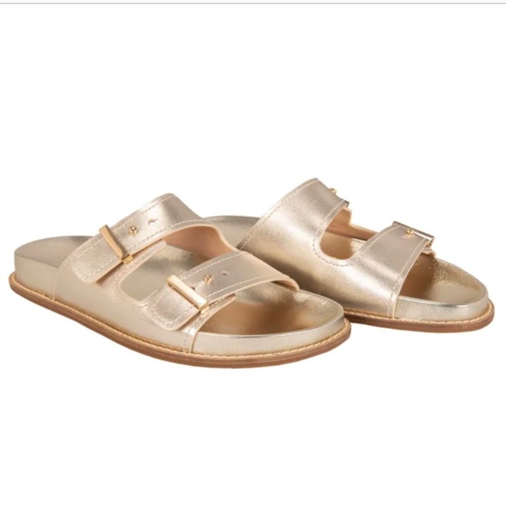 Cole Haan Metallic Gold Double-Buckle Slide Sandals - Picture 2 of 7